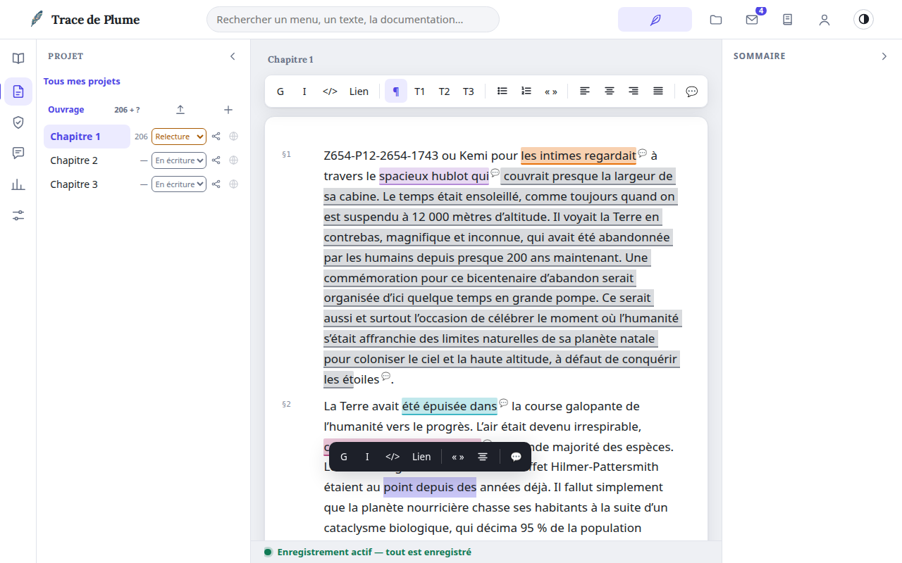 Le texte sélectionné et sa barre contextuelle