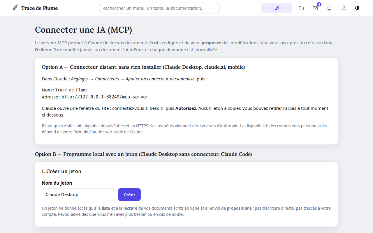 La page Connecter une IA