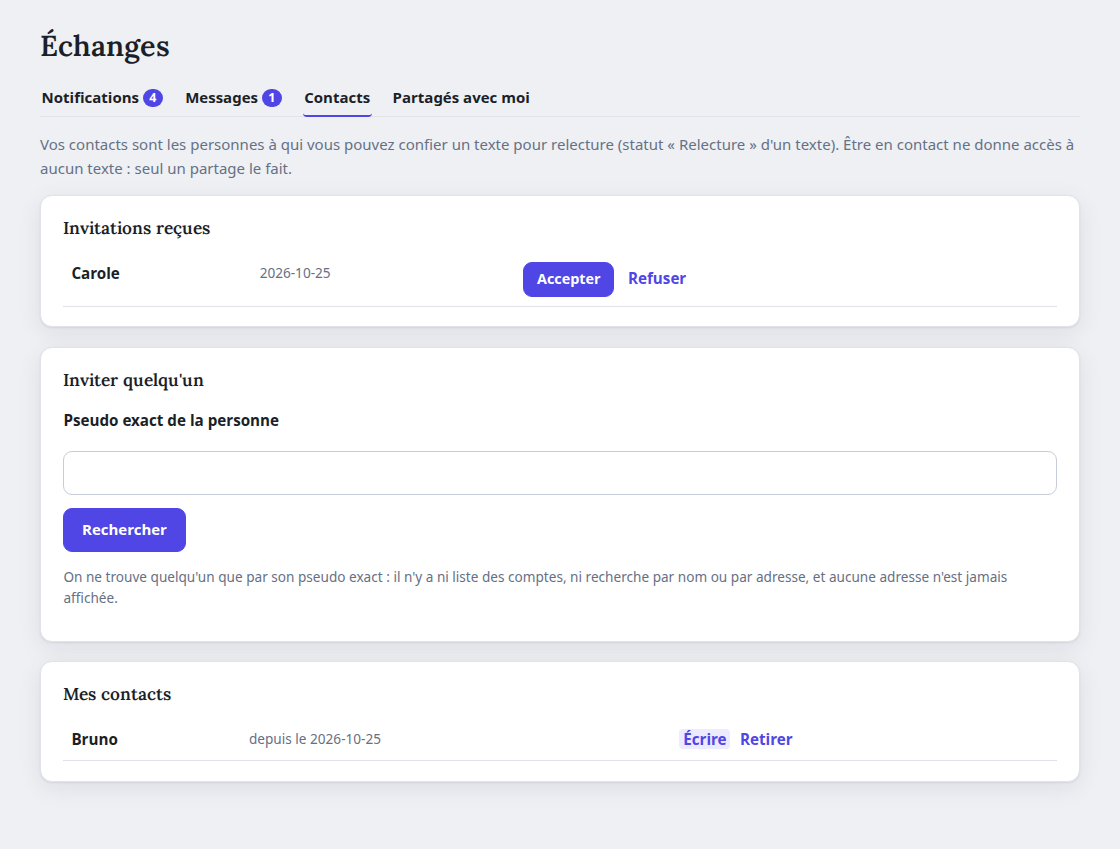 L'onglet Contacts, avec une invitation reçue