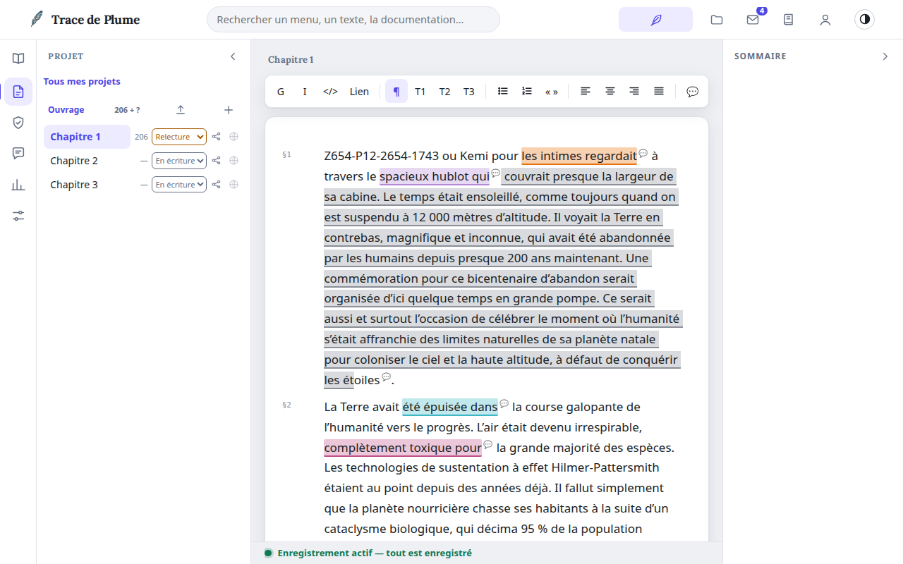 L'éditeur, avec le volet Projet à gauche et le texte au centre