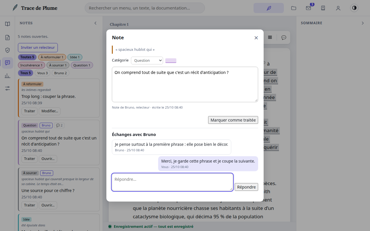 Le fil de réponses sous une note